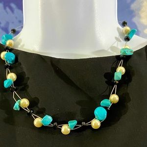 Double Strand Twisted Wire Necklace of Faux Turquoise and Pearls